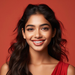 Young indian pretty girl smiling on red background.
