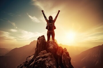 Silhouetted hiker with arms raised in victory stands atop a rugged peak, greeting the sunrise over a vast mountain range.
