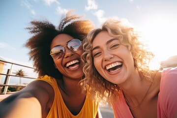 Two radiant friends taking a sun-kissed selfie with clear blue skies