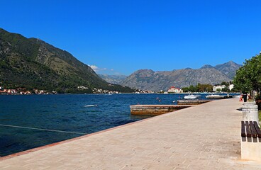 View of the resort villages, barks and the Bay of Kotor of the Adriatic Sea