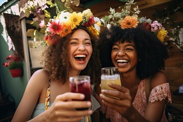 Joyful women with floral headbands toasting drinks at a garden party