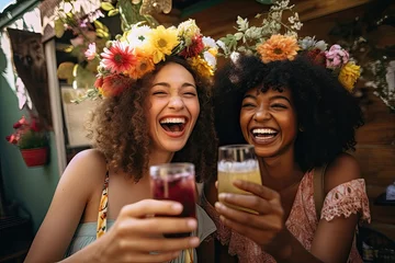 Foto op Plexiglas Joyful women with floral headbands toasting drinks at a garden party © AdriFerrer