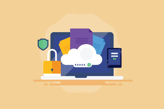 Secure cloud storage online document encryption with user login authentication account access, protecting data from cyber hacking, vector illustration.