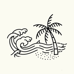 Fototapeta na wymiar Tropical island with palm trees and seagull. Vector illustration style vintage surfing theme badge design. For t-shirt prints posters stickers and other uses.