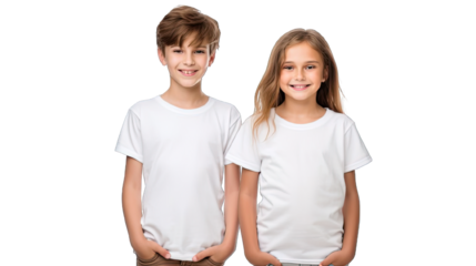 Collection of PNG. Boy and girl with blank white canvas t-shirts isolated on a transparent background.