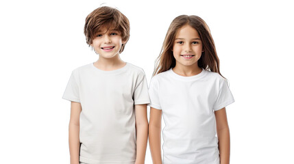 Collection of PNG. Boy and girl with blank white canvas t-shirts isolated on a transparent background.