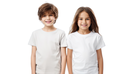 Collection of PNG. Boy and girl with blank white canvas t-shirts isolated on a transparent background.