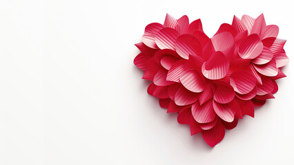 3D Red Heart Shape Love Made with Flower Petals on a White Background, Perfect for Valentine's Day Banner or Poster Design