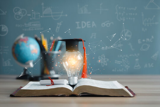 Education learning and Idea knowledge concepts innovative technology, science, and mathematics in school or university. Graduation cap with a lightbulb on the book and icon learning in the classroom.  - Powered by Adobe