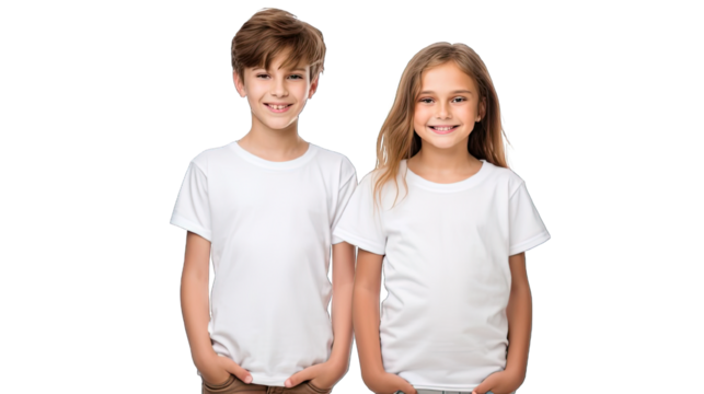 Collection of PNG. Boy and girl with blank white canvas t-shirts isolated on a transparent background.