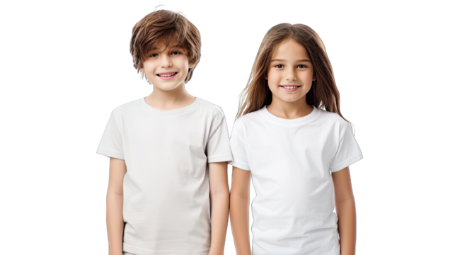 Collection of PNG. Boy and girl with blank white canvas t-shirts isolated on a transparent background.