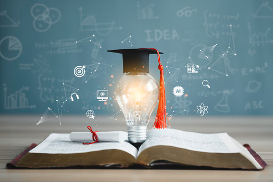 Education learning and Idea knowledge concepts innovative technology, science, and mathematics in school or university. Graduation cap with a lightbulb on the book and icon learning in the classroom. 