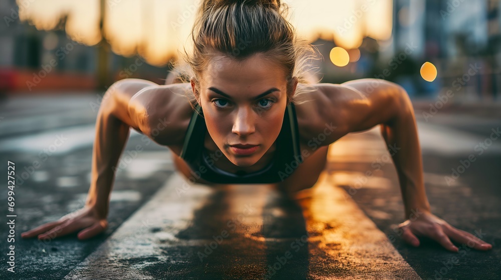 Wall mural beautiful woman push up, work out, exercise concept