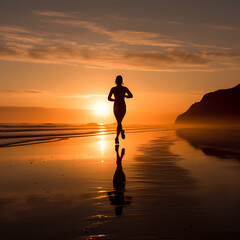 Silhouette of a person jogging along the beach at sunrise.
