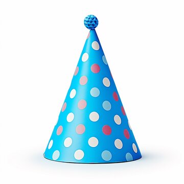 Bright blue party hat with fluffy pompon and colorful polka dots isolated on white. Festive accessory