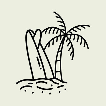 Tropical island with palm trees and seagull. Vector illustration style vintage surfing theme badge design. For t-shirt prints posters stickers and other uses.