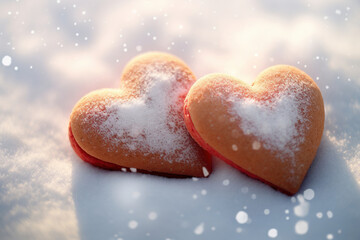 Fototapeta premium Pink Heart Shape Love on White Snow, Christmas Cookies Winter Landscape with Snowfall Background for Valentine's Day