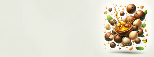 Flying composition of macadamia nut with oil drop. Design element for package. on white background. ai generative 