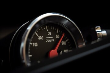 Close-up fuel gauge moves on gray backdrop. Generative AI - obrazy, fototapety, plakaty