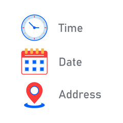 Address, date, time icons. Event elements. Location place, date reminder