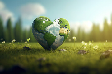 3D Heart Shape Universe World Map on Green Meadow Landscape. Earth Day, Environment Day, Valentine's Day Globe Sphere