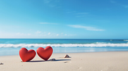 Seaside Serenade: Red Hearts Together on Sandy Beach
