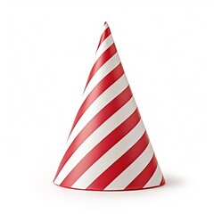 Bright red party hat with white stripes isolated on white. Festive accessory