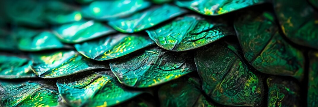 Texture of green forest dragon or mermaid scales close up, shiny crystal green blue metallic gorgeous colorful fantasy scales backgrounds.