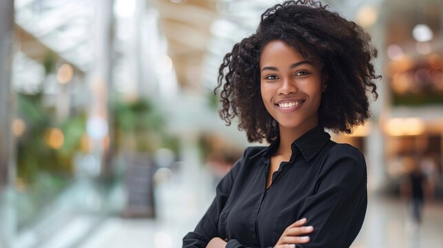 Confident and friendly smiling young saleswoman standing with arms crossing on blurred bright and shiny shop background with copy space, concept of female works, small business, teenager internship.