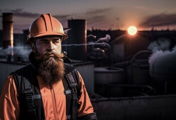 a man with a beard in an orange helmet, construction and work clothes, against the backdrop of a factory during sunset, stern