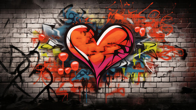 Colorful Hearts Love Graffiti on Urban Brick Wall, Street Art Illustration Background