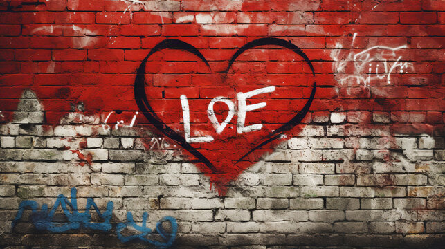 Colorful Hearts Love Graffiti on Urban Brick Wall, Street Art Illustration Background