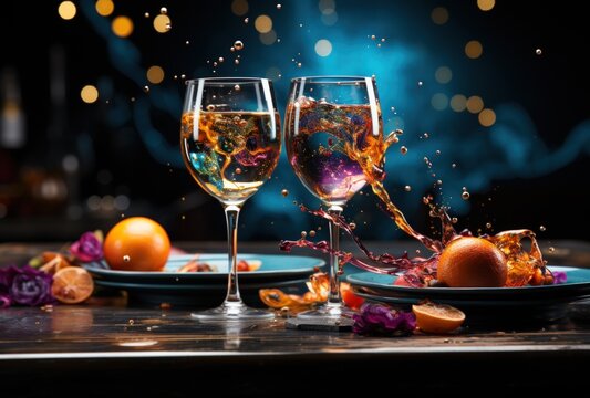 Elegant Wine Glasses with Oranges on Starry Night Background
