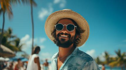 Fototapeta premium Man having fun at the beach - straw hat - sunglasses - palm trees - stylish fashion 