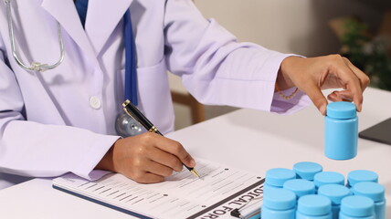 Initial AI illustration of a close-up of a female doctor's hand signing a medical document on a...