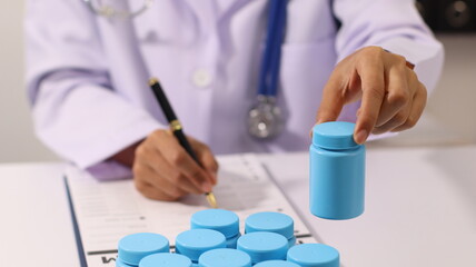 Initial AI illustration of a close-up of a female doctor's hand signing a medical document on a clipboard. and recommending certain medicines to patients on a laptop