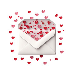 Valentine day love letter, envelope white paper with red hearts heap spread on white or transparent background