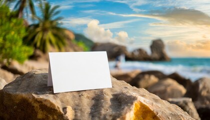Business card mockup on Rock near beach generative ai