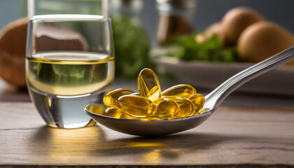 Closeup of omega 3 fish oil, sampled in a spoon with a glass of water on the table,  in a kitchen background - obrazy, fototapety, plakaty