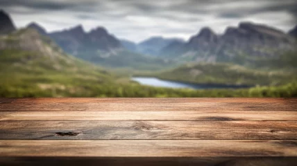 Papier Peint photo Mont Cradle The empty wooden brown table top with blur background of Cradle mountain in Tasmania. Exuberant image. generative AI