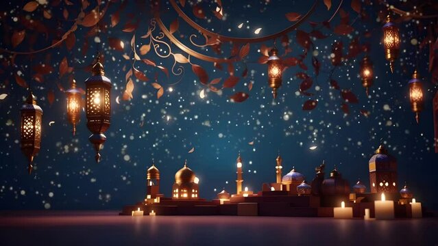 Ramadhan decorative with Arabic lantern background, Seamless looping time-lapse virtual 4K video Animation Background. Generative AI