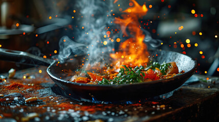 Freeze Motion of Wok Pan with Flying Ingredients in the Air and Fire Flames