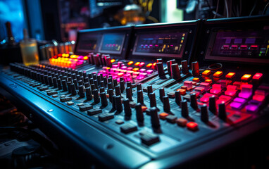 Obraz na płótnie Canvas Colorful Audio Spectrum Display over Sound Mixer Console in a Dark Recording Studio