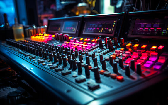 Colorful Audio Spectrum Display over Sound Mixer Console in a Dark Recording Studio