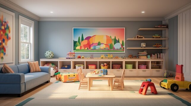 a child's playroom, filled with colorful storage units, playful seating, and educational toys, radiating an atmosphere of youthful joy and imagination, where learning meets fun in every corner.