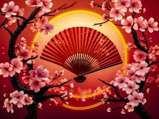 a red fan in the air surrounded by pink blossoms.