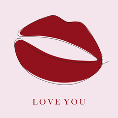 Line art of lipstick kiss mark greeting card with love you word for valentine's day.