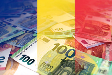 Euro banknotes colored in the colors of the flag of Romania. Gradient overlay of the Romanian flag...