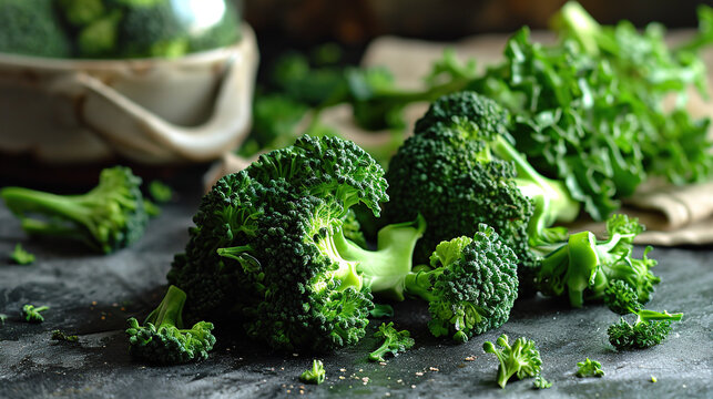 Fresh green broccoli In a white bowl on a plain table on a green background