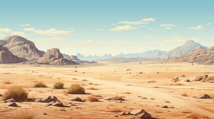 a dry desert under the vast, cloudless sky, with muted hues of sand and rock creating a minimalist yet awe-inspiring composition, illustrating the stark beauty of an arid wilderness. - obrazy, fototapety, plakaty